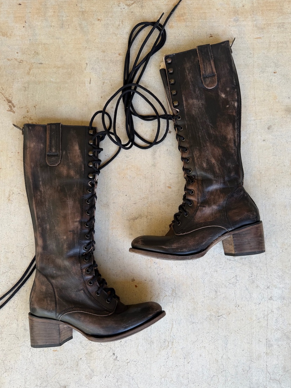 Freebird Sz 9 Tall Lace Up 100% Leather Combat Military Boots Brown Black